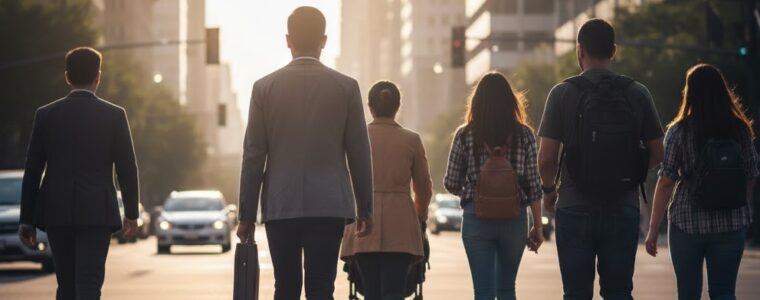 People walking safely in crosswalk in Morris County street